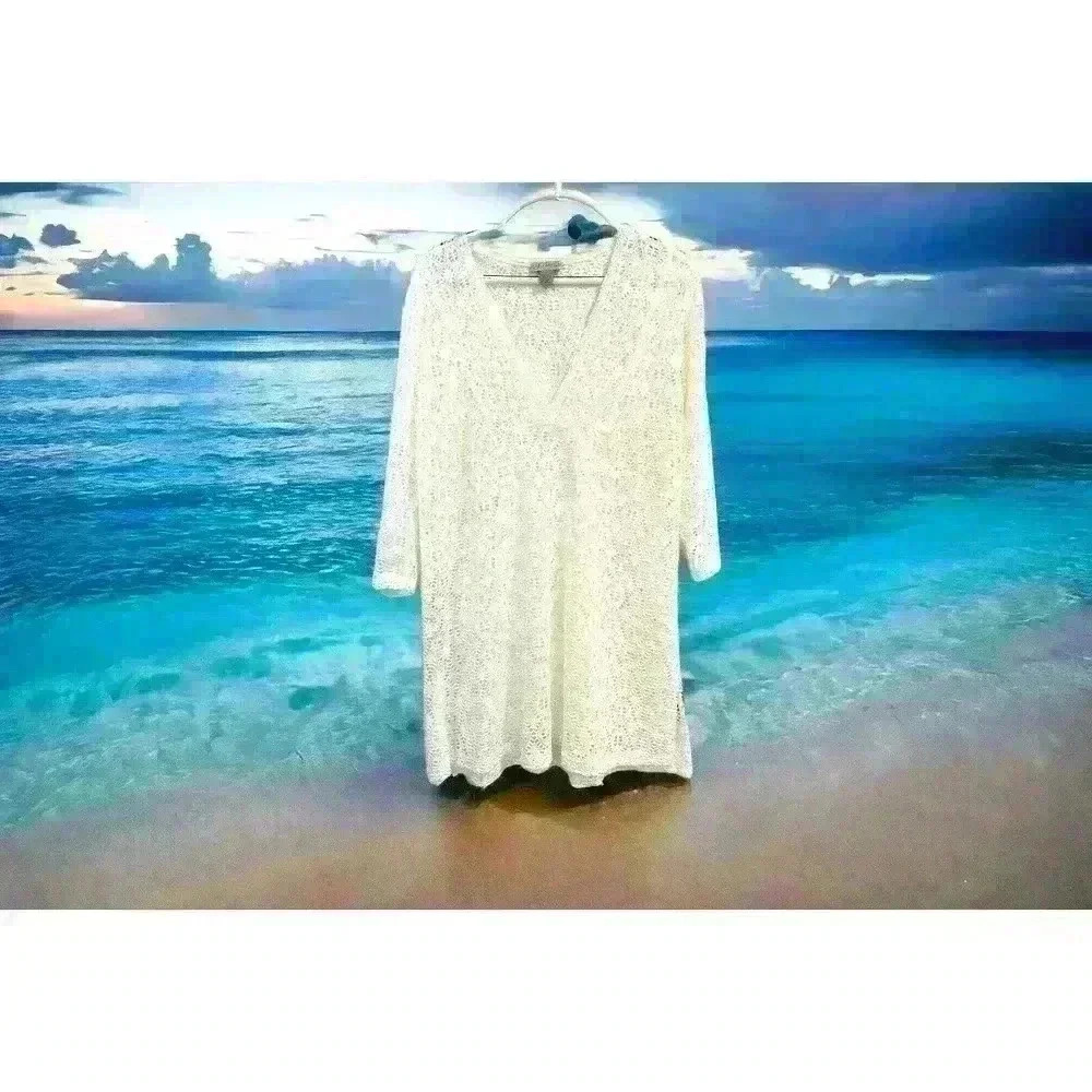 J. Valdi Swim Cover Up Women’s Medium White Eyelet Lace‎ Crochet Look V-Neck